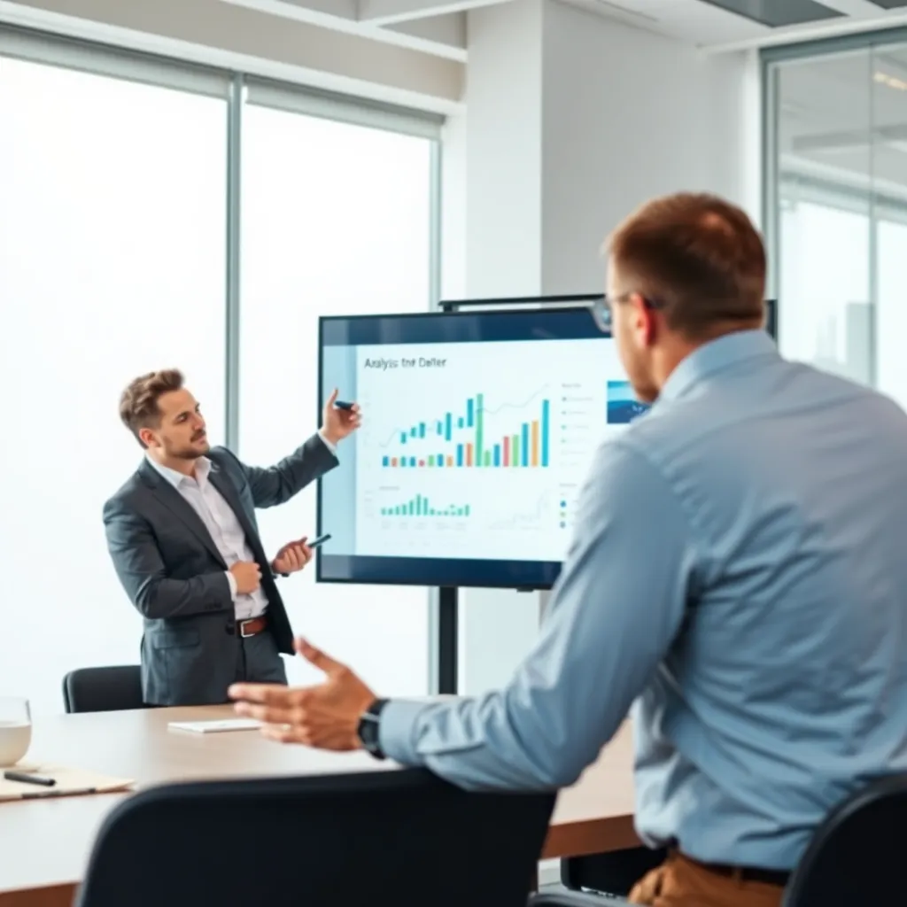 Consultant die een bedrijfsanalyse presenteert met grafieken en diagrammen