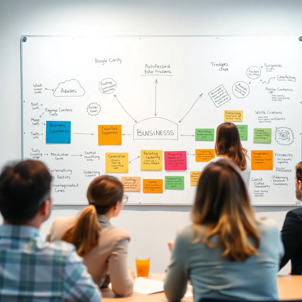 Diverse business tools en methodologieën gevisualiseerd op een groot whiteboard tijdens een strategiesessie